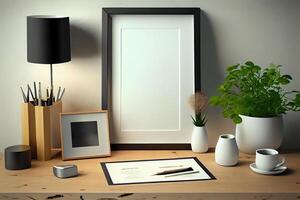 Mock up poster or photo frame on table minimalism loft desk space .