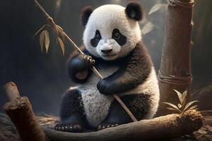 a baby panda sitting on a tree branch, holding onto a bamboo shoot. photo