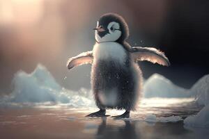 a baby penguin waddling across the ice, with its wings outstretched for balance. photo