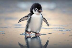un bebé pingüino anadeando a través de el hielo, con sus alas extendido para balance. ai generado foto