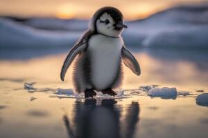 a baby penguin waddling across the ice, with its wings outstretched for balance. photo
