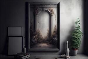 mockup photo for a painting with vertical frame on the wall .