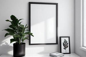 Black photo frame mockup on white wall plants on the table in a modern and minimalist apartment .