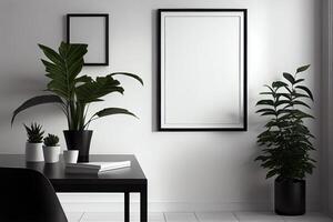 Black photo frame mockup on white wall plants on the table in a modern and minimalist apartment .