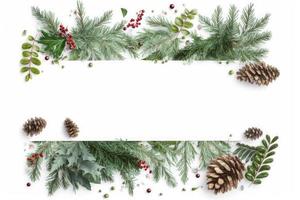 Flat lay composition with winter fir branches, cones, holly isolated on white background, generate ai photo