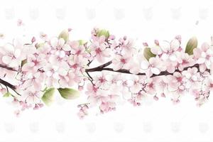 acuarela ilustración de Cereza flores horizontal línea decoración. sin costura modelo. decoración ligero rosado Cereza florecer flores marco con blanco fondo, generar ai foto