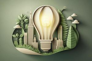 Paper cut of light bulb with green eco city , Renewable energy by 2050 Carbon neutral energy or greenhouse gas emission CO2 , Save energy creative idea concept, generate ai photo