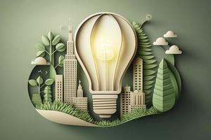 Paper cut of light bulb with green eco city , Renewable energy by 2050 Carbon neutral energy or greenhouse gas emission CO2 , Save energy creative idea concept, generate ai photo