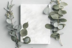 Marble paper blank, eucalyptus branches on pastel gray background, generate ai photo