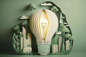 Paper cut of light bulb with green eco city , Renewable energy by 2050 Carbon neutral energy or greenhouse gas emission CO2 , Save energy creative idea concept, generate ai photo