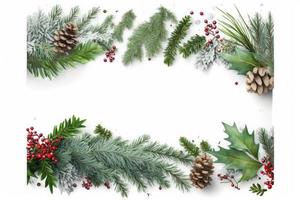 Flat lay composition with winter fir branches, cones, holly isolated on white background, generate ai photo