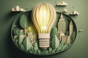 Paper cut of light bulb with green eco city , Renewable energy by 2050 Carbon neutral energy or greenhouse gas emission CO2 , Save energy creative idea concept, generate ai photo