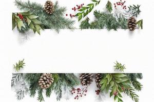 Flat lay composition with winter fir branches, cones, holly isolated on white background, generate ai photo