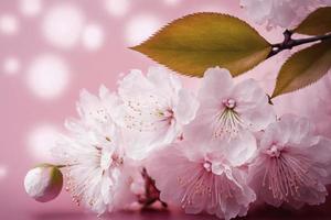 Pink cherry flowers background. pink cherry blossom flowers on clean background. Three almond blossom or sakura flowers macro isolated, generate ai photo