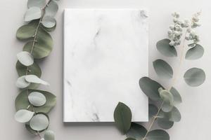 Marble paper blank, eucalyptus branches on pastel gray background, generate ai photo