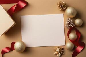 vacío papel blanco para Navidad o nuevo año saludo tarjeta. regalo cajas, fiesta decoraciones en dorado antecedentes parte superior vista. plano laico estilo. valores foto Navidad, carta, generar ai