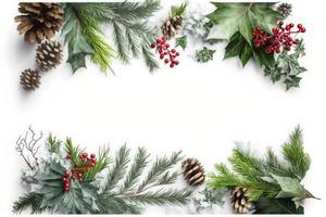 Flat lay composition with winter fir branches, cones, holly isolated on white background, generate ai photo