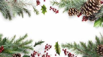 Flat lay composition with winter fir branches, cones, holly isolated on white background, generate ai photo