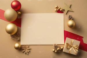 vacío papel blanco para Navidad o nuevo año saludo tarjeta. regalo cajas, fiesta decoraciones en dorado antecedentes parte superior vista. plano laico estilo. valores foto Navidad, carta, generar ai