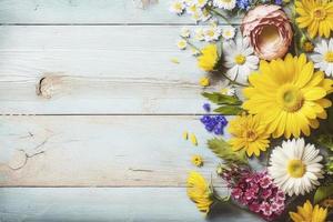 Garden flowers over wooden background stock photo Springtime, generate ai