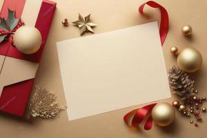 vacío papel blanco para Navidad o nuevo año saludo tarjeta. regalo cajas, fiesta decoraciones en dorado antecedentes parte superior vista. plano laico estilo. valores foto Navidad, carta, generar ai