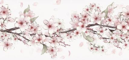 Watercolor illustration of cherry blossoms. Horizontal line decoration. Seamless pattern. Decoration light pink cherry blossom flowers frame with white background, generate ai photo