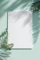 Blank white drawing canvas on mint colored surface with palm leaves, home plants and soft floral shadows, generate ai photo
