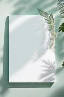 blanco blanco dibujo lona en menta de colores superficie con palma hojas, hogar plantas y suave floral oscuridad, generar ai foto