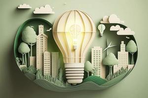 Paper cut of light bulb with green eco city , Renewable energy by 2050 Carbon neutral energy or greenhouse gas emission CO2 , Save energy creative idea concept, generate ai photo