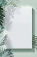 Blank white drawing canvas on mint colored surface with palm leaves, home plants and soft floral shadows, generate ai photo