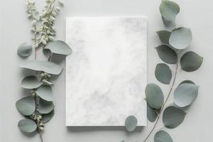 Marble paper blank, eucalyptus branches on pastel gray background, generate ai photo