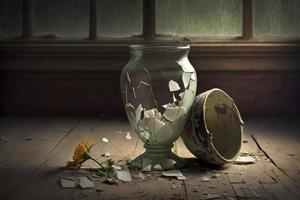 a broken vase on top of a wooden table photo