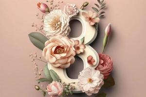 Number 8 with flowers composition on pink background. Women's day greeting card photo