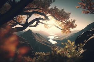 a close up a tree with the mountainous background, naturalism, anamorphic lens flare, depth of field photo