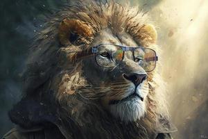 un león con Gafas de sol y un barba, un fotorrealista pintura foto