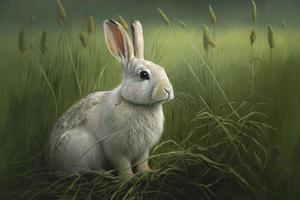 a rabbit sitting in a field of tall grass, a photorealistic paintin, generate ai photo