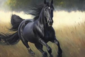 a black horse from the front running in a field, photorealism photo