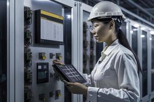 mujer eléctrico ingeniero trabajando frente hvac controlar paneles, técnico diario cheque solar célula control S sistema para seguridad funciones en Servicio habitación a fábrica.energía,ventilación,aire acondicionamiento. foto