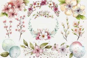 decoration Spring flower set Watercolor cherry background photo