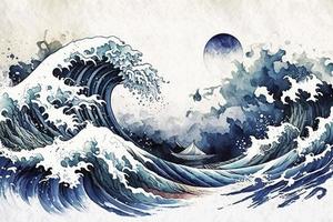 Rough waves Navy Watercolor style Japanese background, Japanese painting photo