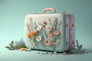 Suitcase filled with spring and summer flowers, pastel color, creative positive lifestyle, self care and traveling concept photo