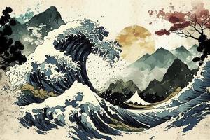 áspero olas Armada acuarela estilo japonés fondo, japonés pintura foto