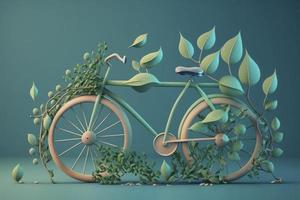 Bicycle covered with green leaf tendril, eco and environment concept, sustainable transport and travel, earth day photo