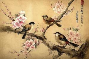 chinese landscape painting cherry blossom print art photo