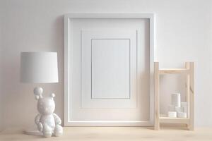 white frame mockup on the wall, minimalistic thin frame, day light, white wall, minimalistic, scandinavian style . photo