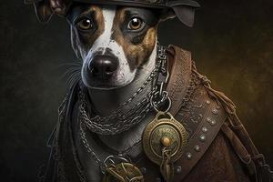 dog with a steampunk watch lanyard around his neck protecting a safe photo