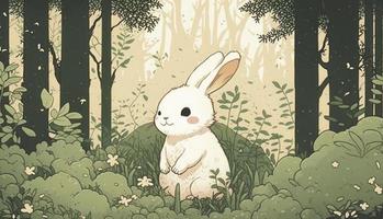 Fluffy cute Rabbit baby in the forest in laughing happily, style, Animal, Rabbit baby, Generate Ai photo