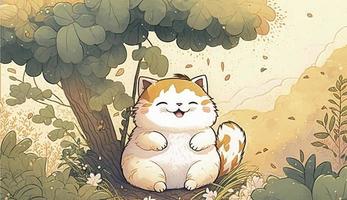 Fluffy cute cat baby in the forest in laughing happily, style, Animal, cat baby, Generate Ai photo