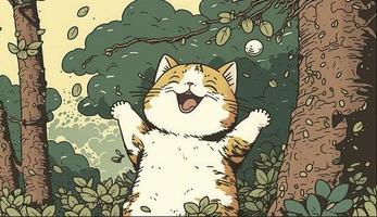 Fluffy cute cat baby in the forest in laughing happily, style, Animal, cat baby, Generate Ai photo