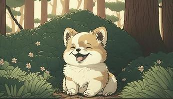 Fluffy cute dog in the forest in laughing happily, style, Animal, dog, Generate Ai photo